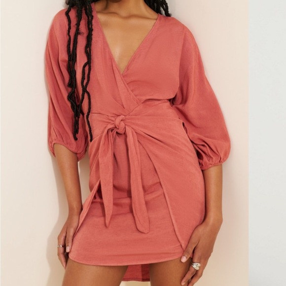 Anthropologie Dresses & Skirts - Anthropologie Tie-Front Wrap Mini Dress Size 8 Rust Viscose Linen 3/4 Sleeves